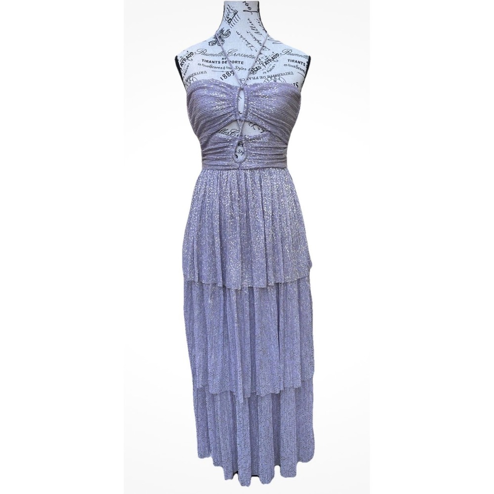 Sabina Musayev Designer Halter Dress Womens Small Purple Tiered Shimmer Prom